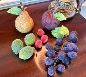 Vintage Older Beaded Fruit Grapes Pear, Apple Cherries and Limes Set of 9